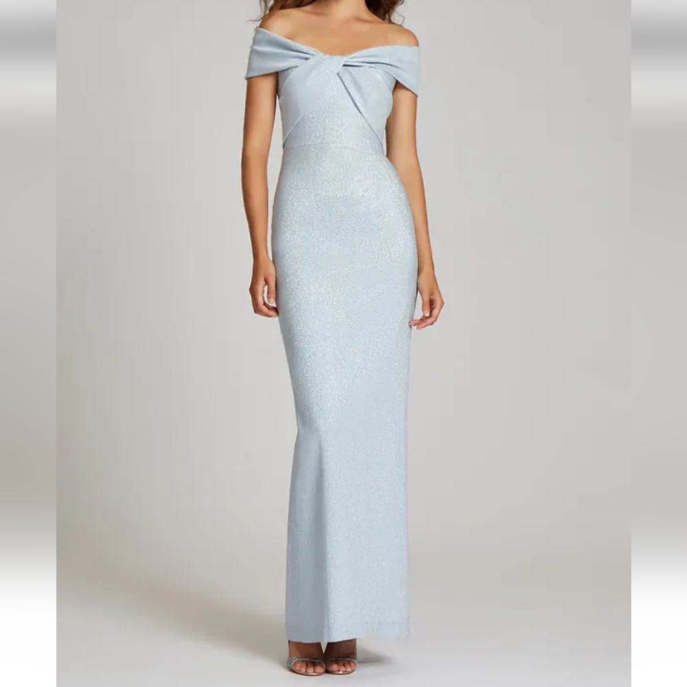 Elegant Off-Shoulder Teri Jon Ice Blue Gown